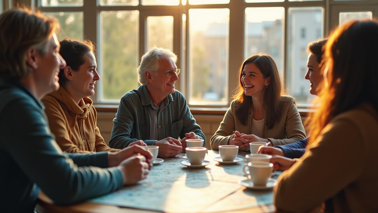 Diverse group of neighbors smiling and conversing in a bright Dublin community center
