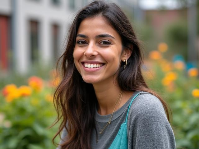 Mireia Gaurav smiling in a community garden in Dublin