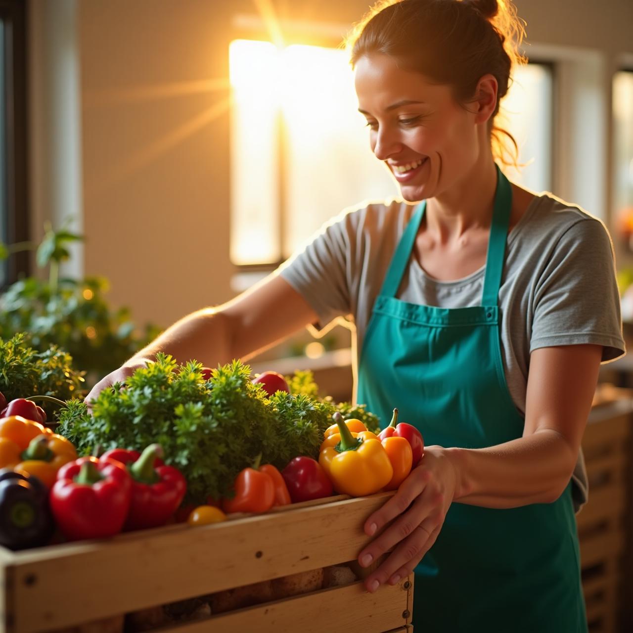 Warm, welcoming community pantry volunteer with a crate of fresh produce